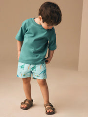 Blue Dino Print Linen Blend Pull On Shorts (3mths-7yrs)
