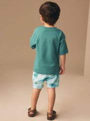 Blue Dino Print Linen Blend Pull On Shorts (3mths-7yrs)