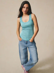 Washed Blue Premium Ribbed Scoop Tank Vest Sleeveless Top