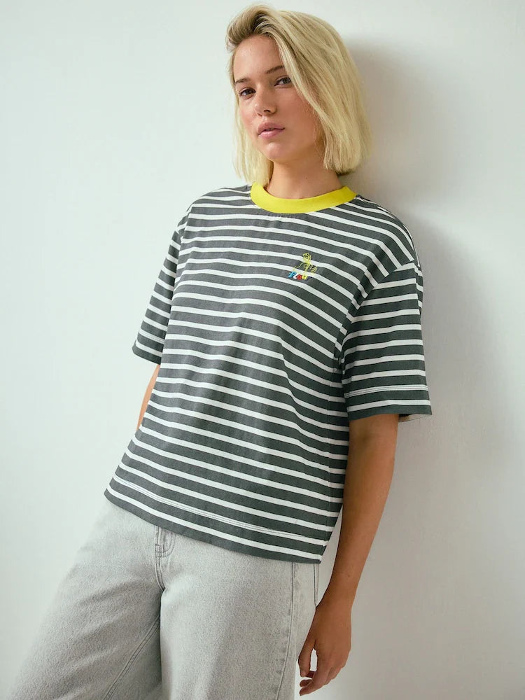 Grey/White Stripe Short Sleeve Graphic Crew Neck T-Shirt
