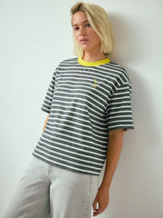 Grey/White Stripe Short Sleeve Graphic Crew Neck T-Shirt