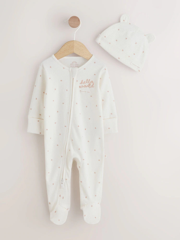 Cream Hello World Baby Sleepsuit and Hat Set (0-9mths)