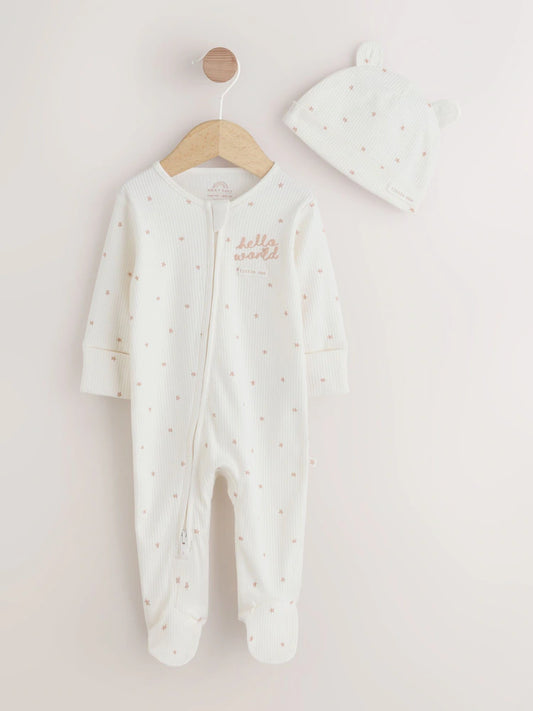 Cream Hello World Baby Sleepsuit and Hat Set (0-9mths)