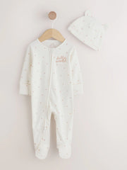 Cream Hello World Baby Sleepsuit and Hat Set (0-9mths)