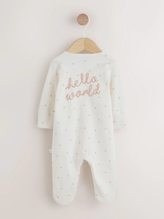 Cream Hello World Baby Sleepsuit and Hat Set (0-9mths)