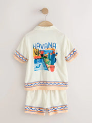 Ecru Fruta de Cuba Print Short Sleeve Revere Collar Shirt & Shorts Set (3mths-10yrs)