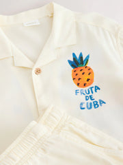 Ecru Fruta de Cuba Print Short Sleeve Revere Collar Shirt & Shorts Set (3mths-10yrs)