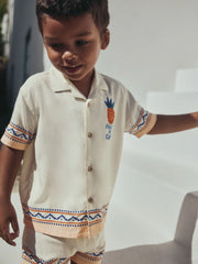 Ecru Fruta de Cuba Print Short Sleeve Revere Collar Shirt & Shorts Set (3mths-10yrs)