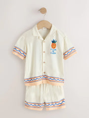 Ecru Fruta de Cuba Print Short Sleeve Revere Collar Shirt & Shorts Set (3mths-10yrs)