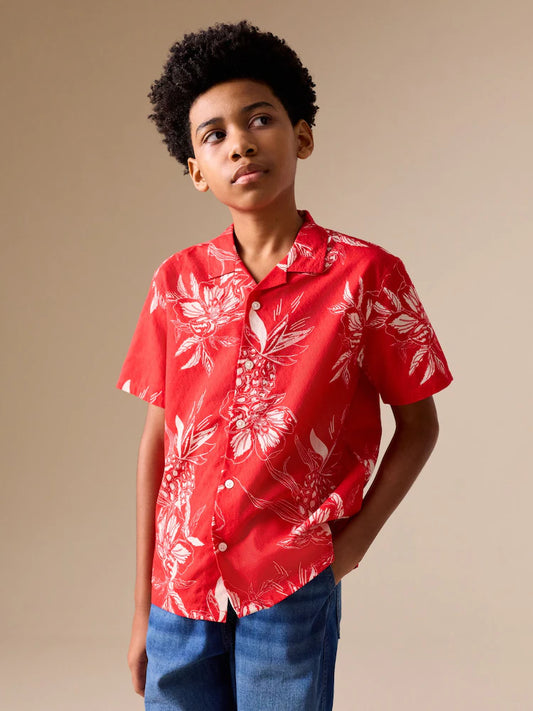 Red Pineapple Print Short Sleeve Revere Collar Shirt (3-16yrs)