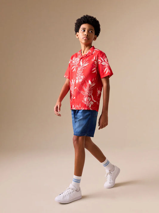 Red Pineapple Print Short Sleeve Revere Collar Shirt (3-16yrs)