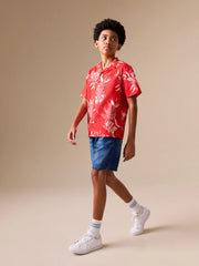 Red Pineapple Print Short Sleeve Revere Collar Shirt (3-16yrs)