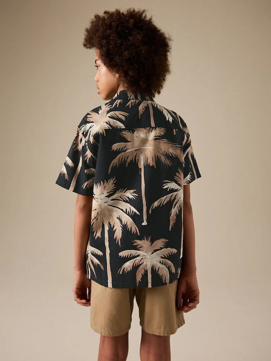 Black Palm All Over Print Short Sleeve Revere Collar Shirt (3-16yrs)