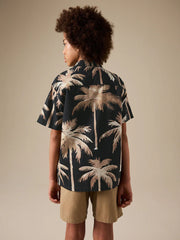 Black Palm All Over Print Short Sleeve Revere Collar Shirt (3-16yrs)