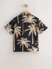 Black Palm All Over Print Short Sleeve Revere Collar Shirt (3-16yrs)
