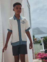 White/Blue Palm Border Short Sleeve Revere Collar Shirt (3-16yrs)