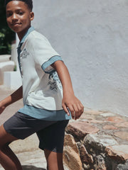 White/Blue Palm Border Short Sleeve Revere Collar Shirt (3-16yrs)