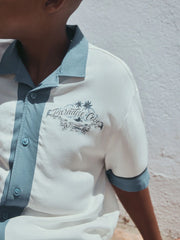 White/Blue Palm Border Short Sleeve Revere Collar Shirt (3-16yrs)