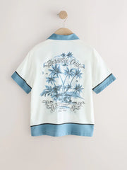 White/Blue Palm Border Short Sleeve Revere Collar Shirt (3-16yrs)