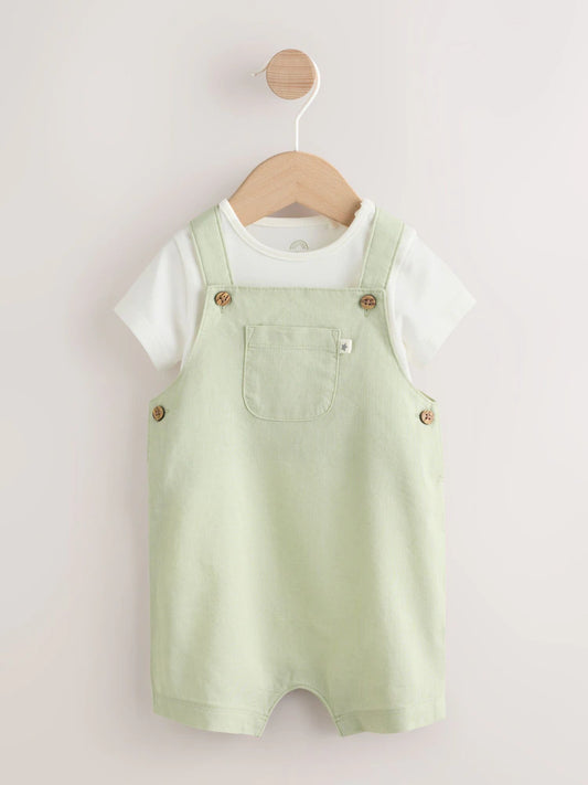Sage Green Linen/Cotton Blend Dungaree and Bodysuit Baby Set (0mths-2yrs)