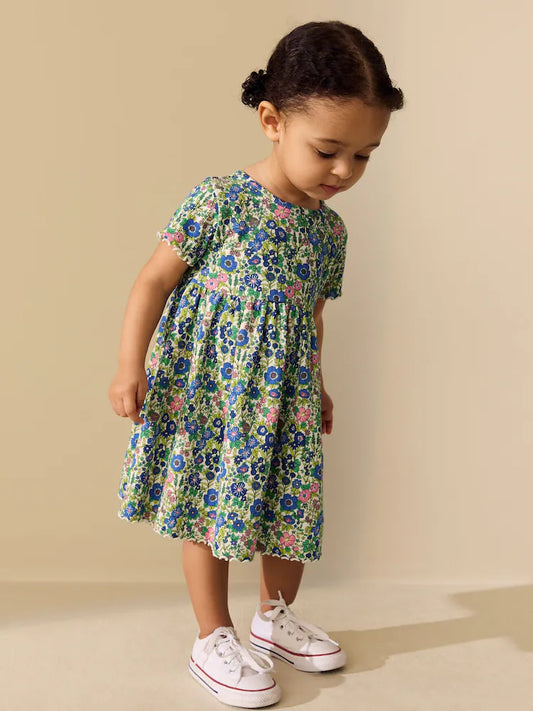 Blue Floral Short Sleeve Ribbed Dress (3mths-7yrs)
