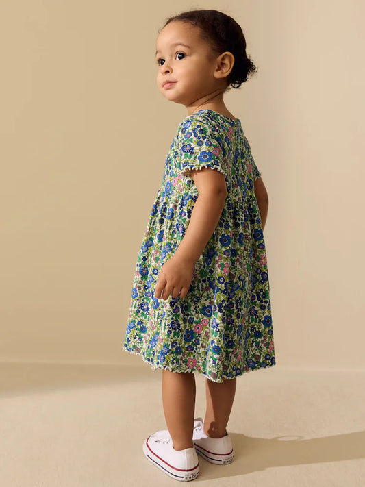Blue Floral Short Sleeve Ribbed Dress (3mths-7yrs)