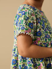 Blue Floral Short Sleeve Ribbed Dress (3mths-7yrs)