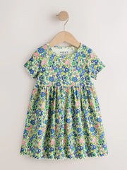 Blue Floral Short Sleeve Ribbed Dress (3mths-7yrs)