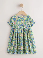 Blue Floral Short Sleeve Ribbed Dress (3mths-7yrs)