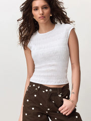 White Short Sleeve Shirred Textured Crew Neck Top