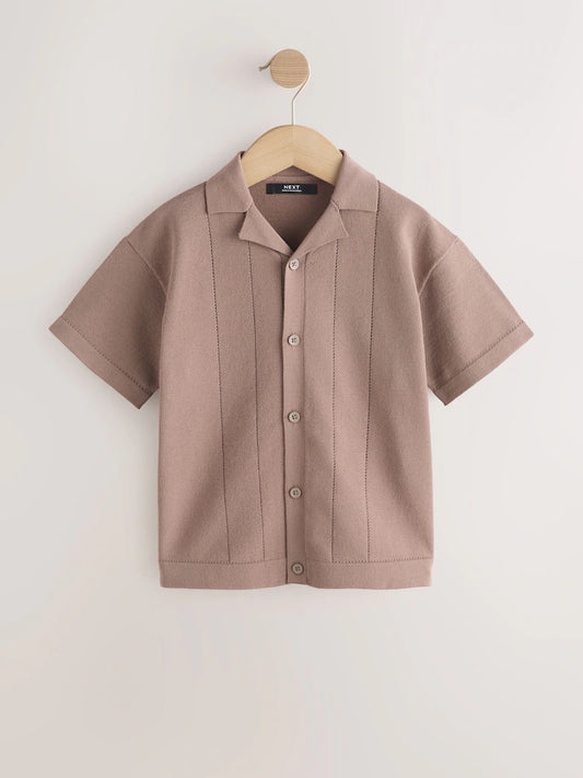 Taupe Brown Knitted Revere Collar Polo Shirt (3-16yrs)