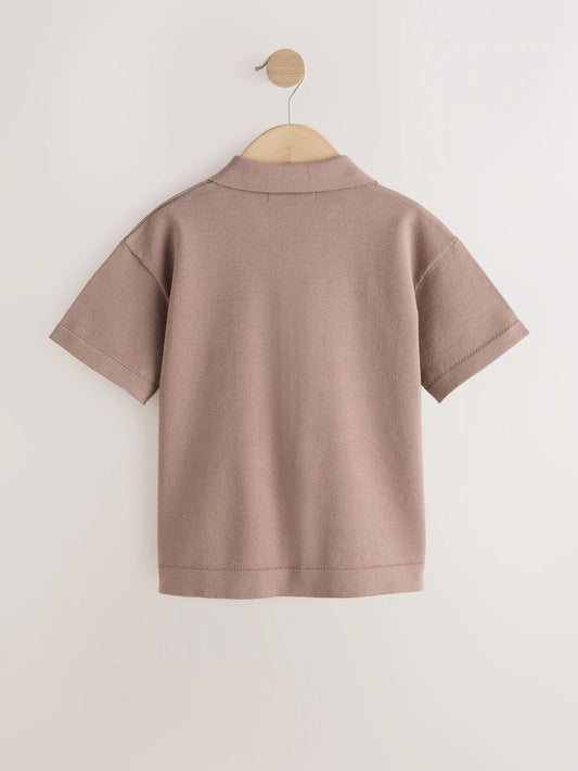Taupe Brown Knitted Revere Collar Polo Shirt (3-16yrs)