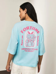 Aqua Blue Graphic Lucky Cat Short Sleeve Crew Neck T-Shirt