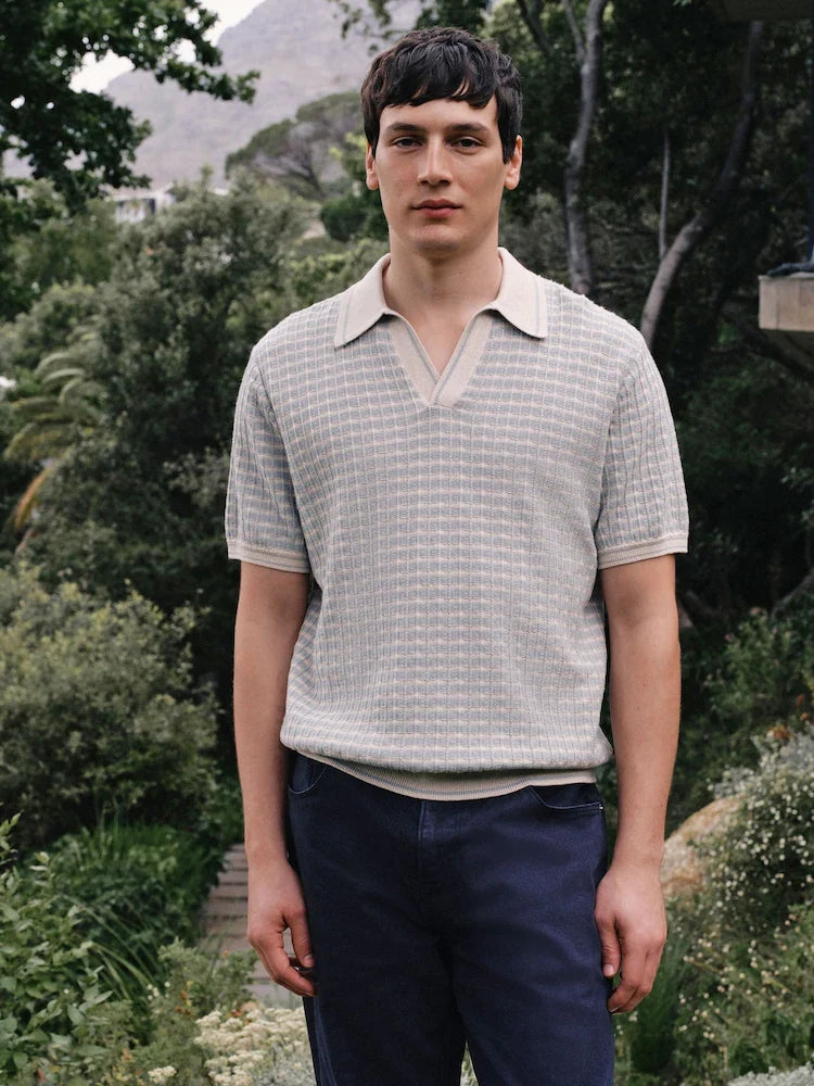 Blue/Ecru Textured Pattern Knit Trophy Polo Shirt
