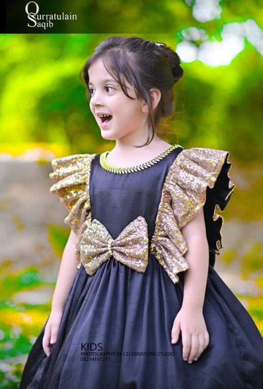 Short Frock Based On Katan Gold Seq And Butterfly Lace Enhan