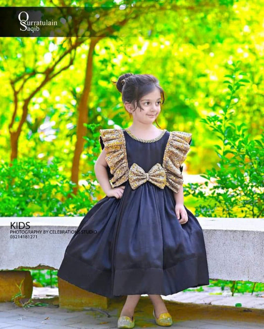 Short Frock Based On Katan Gold Seq And Butterfly Lace Enhan