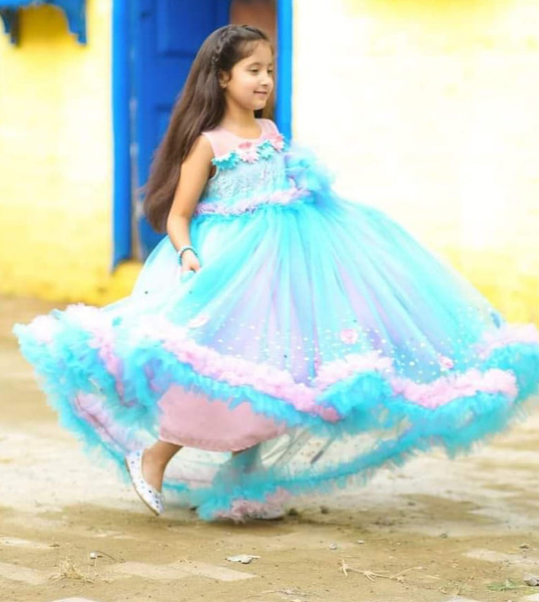 Long Frock Based On Breeze Net Adn Ruffles With Seq, Stone A | QS STUDIO | Girls Apparel | Kids Clothes