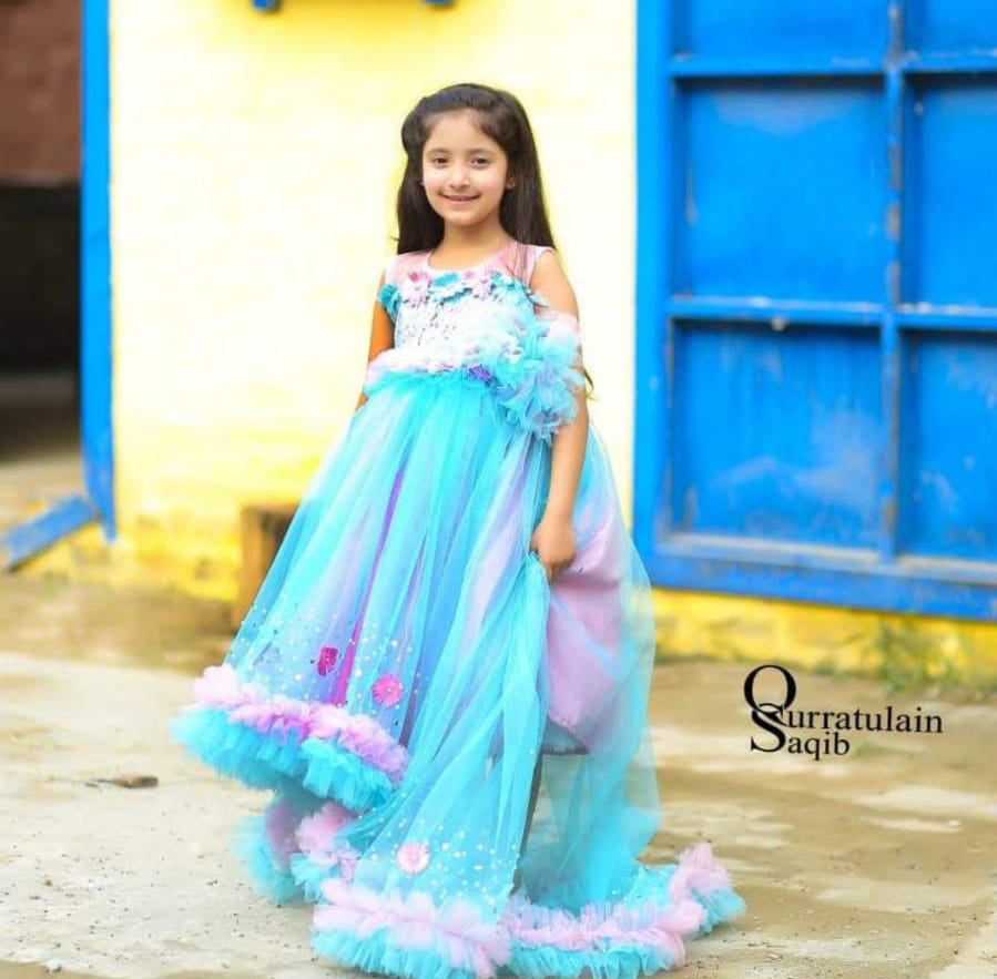 Long Frock Based On Breeze Net Adn Ruffles With Seq, Stone A | QS STUDIO | Girls Apparel | Kids Clothes