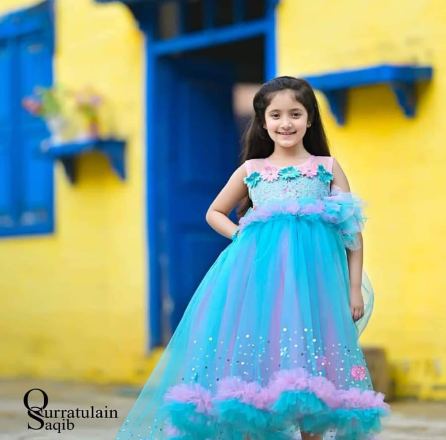 Long Frock Based On Breeze Net Adn Ruffles With Seq, Stone A | QS STUDIO | Girls Apparel | Kids Clothes