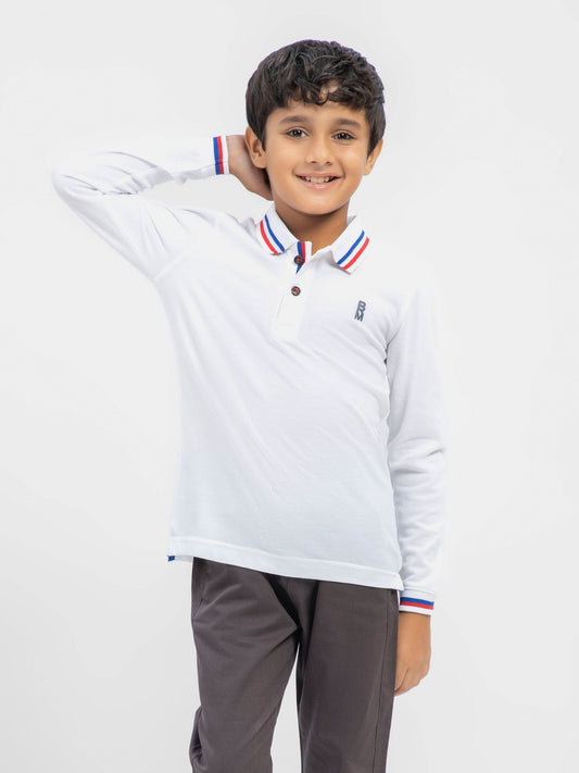 White Contrasting Tipped Long Sleeve Pique Polo Brumano Pakistan