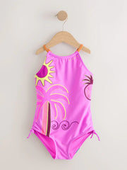 Purple Palm Applique Strappy Ruched Swimsuit (3-16yrs)