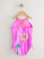 Purple Palm Applique Strappy Ruched Swimsuit (3-16yrs)