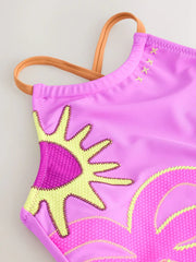 Purple Palm Applique Strappy Ruched Swimsuit (3-16yrs)