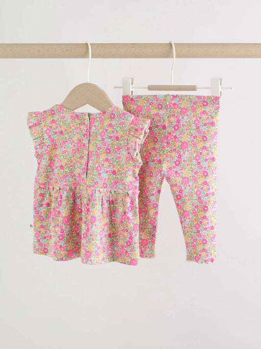 Pink Flower Rib Top and Leggings Baby Set 2 Piece (0mths-2yrs)