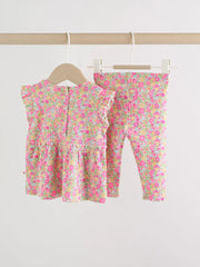 Pink Flower Rib Top and Leggings Baby Set 2 Piece (0mths-2yrs)