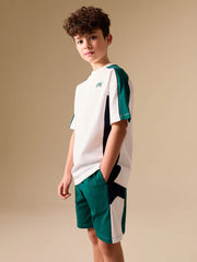 Green/White/Navy Colourblock Short Sleeve T-Shirt and Shorts Set (3-16yrs)