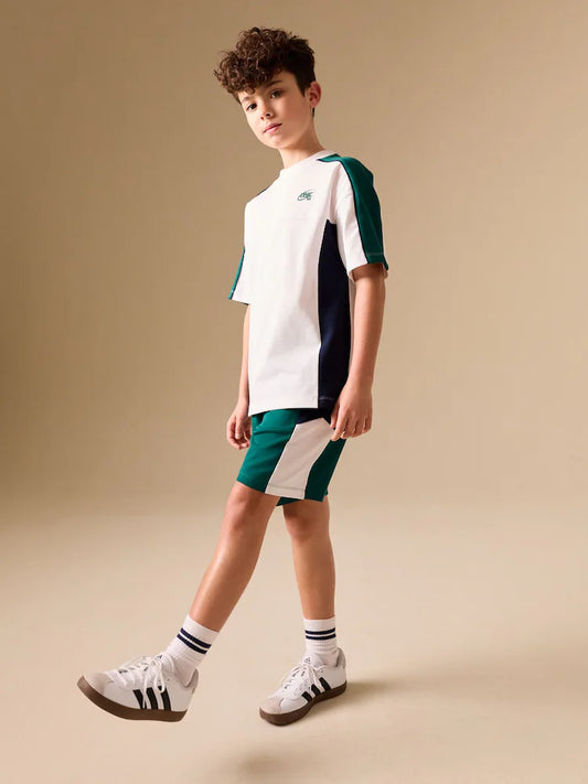 Green/White/Navy Colourblock Short Sleeve T-Shirt and Shorts Set (3-16yrs)