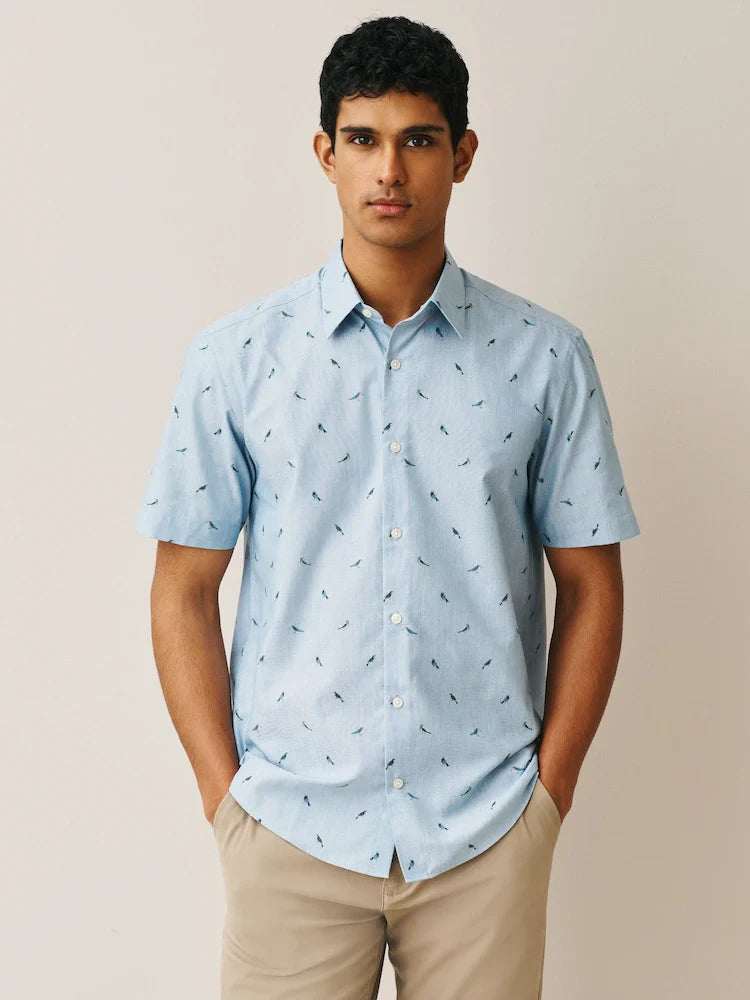 Blue Marl Bird Regular Fit Cotton Rich Easy Care Print Smart Shirt