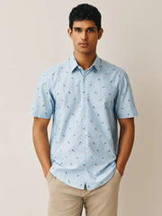 Blue Marl Bird Regular Fit Cotton Rich Easy Care Print Smart Shirt