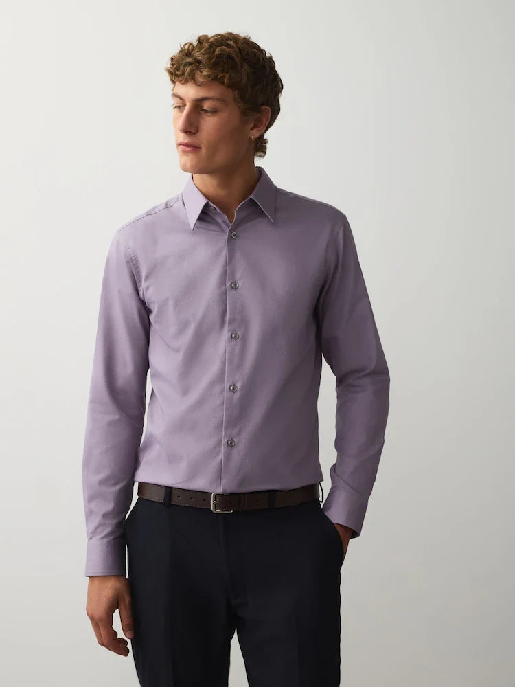 Lilac Purple Slim Fit Cotton Rich Textured Easy Care Smart Shirt